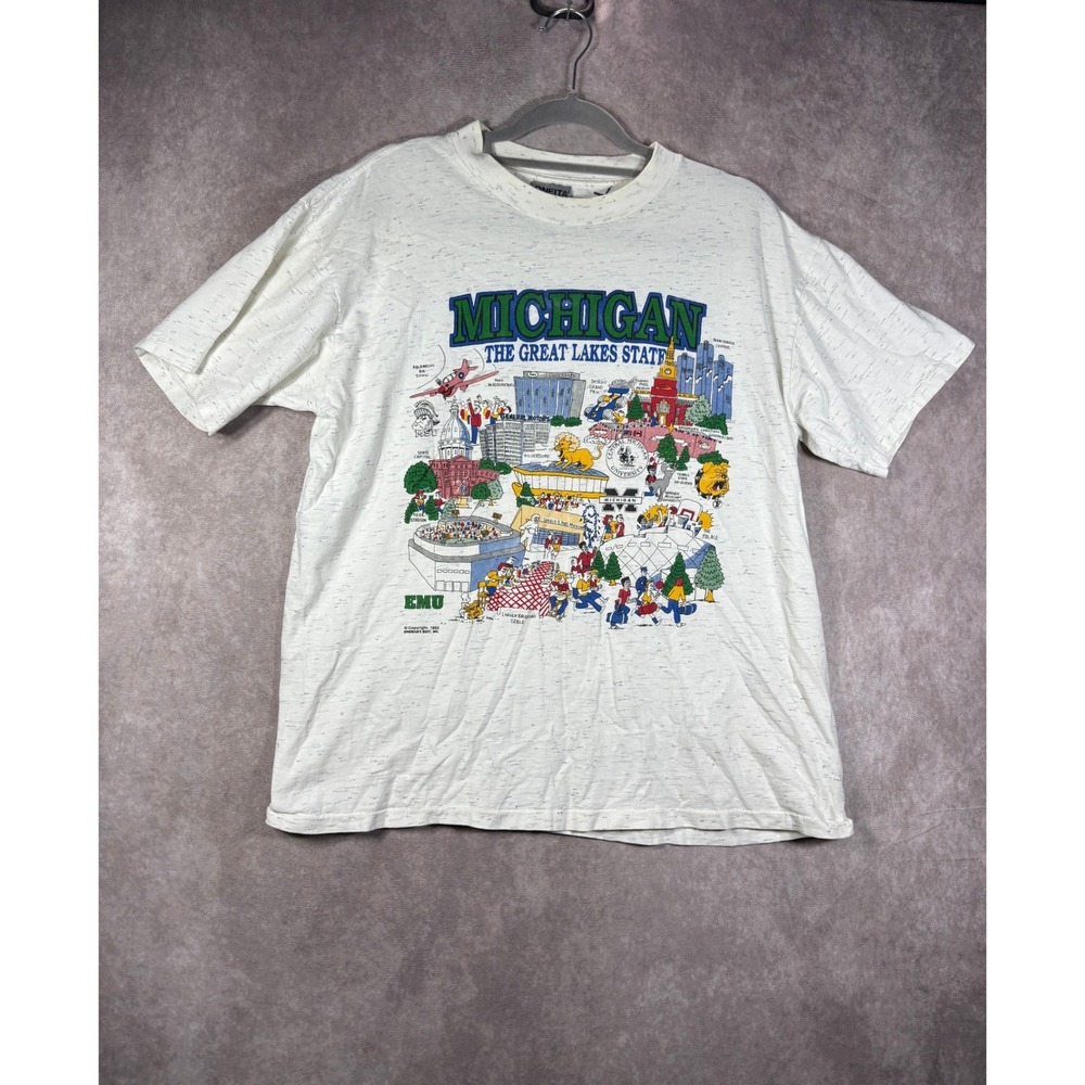 Vintage Michigan Great Lakes State Oneita T-Shirt Mens XL White 90s Graphic EMU
